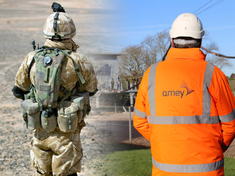 Side by side image of a soldier and an Amey employee wearing PPE.