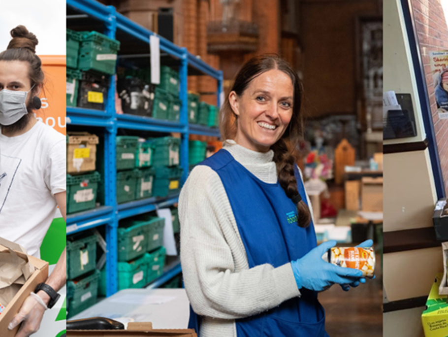 Three side by side images of women helping out at food banks