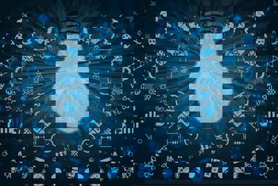 Image of a lightbulb surrounded by smaller educational icons.