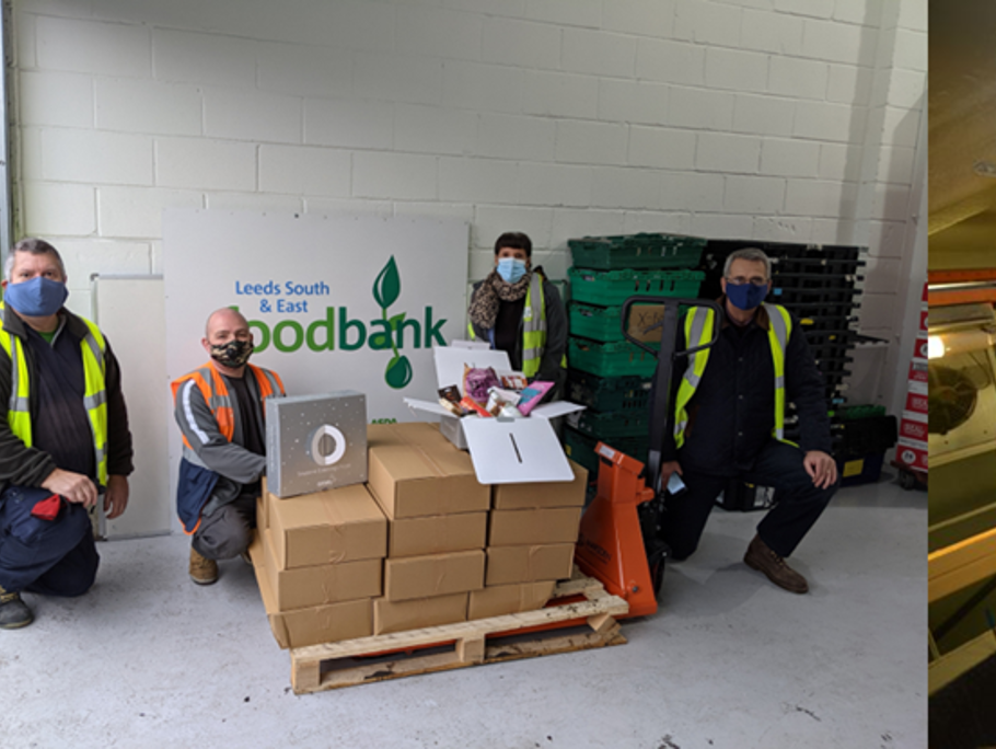 Three side by side images of Amey employees putting together Christmas hampers