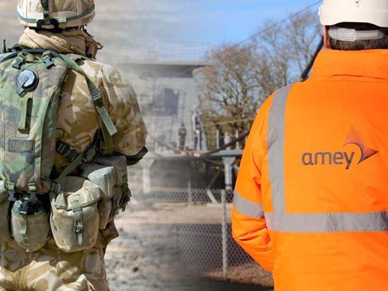 Side by side image of a soldier and an Amey employee wearing PPE.