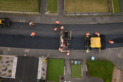 Ariel view of construction workers on site