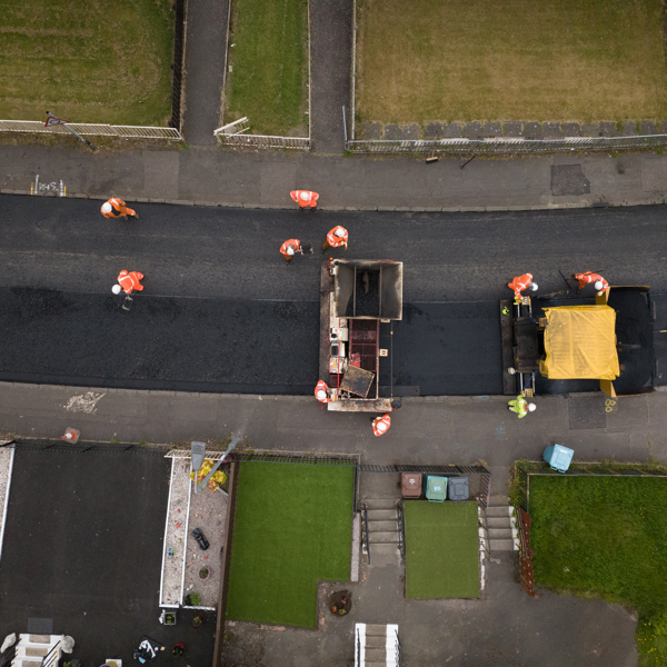 Ariel view of construction workers on site