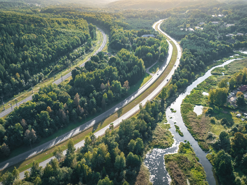 Image of rail and road infrastructure working it's way through a forested area