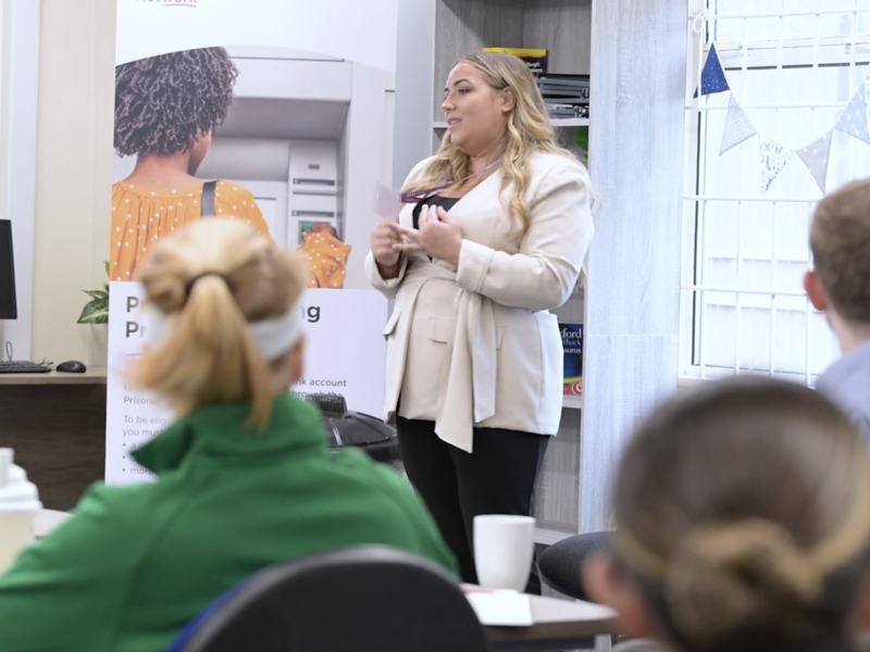 Samantha Heron, Resource and Operations Manager at Amey, speaks to participants at a Journey to Work employability session in HMP New Hall.
