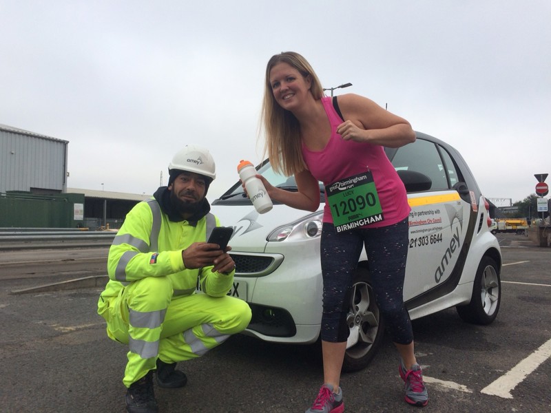 Highways inspector Akeel Khan and Customer Services Manager Lucy O’ Grady preparing for the Great Birmingham Run